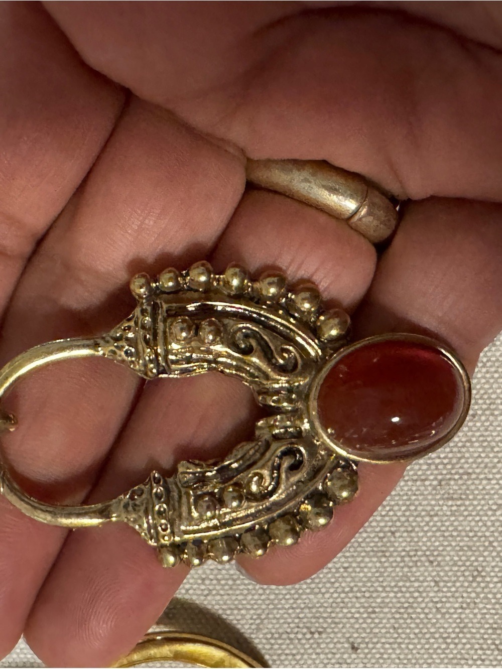 Vintage Gold Hoop Earrings with Red Cabochon - Picture 2 of 4